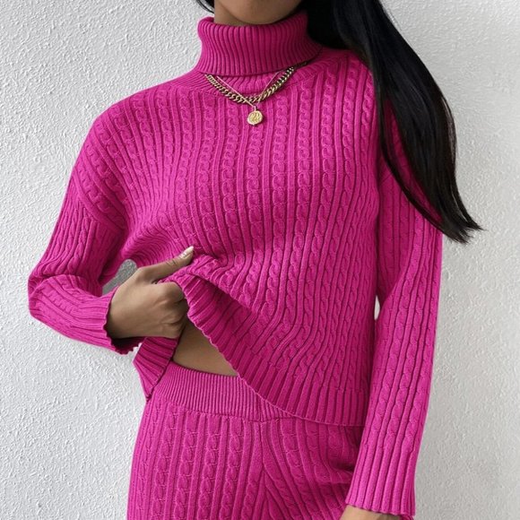 Pink Preppy Womens Turtle Neck Drop Shoulder Cable Knit Sweater & Knit Pants - Picture 2 of 5